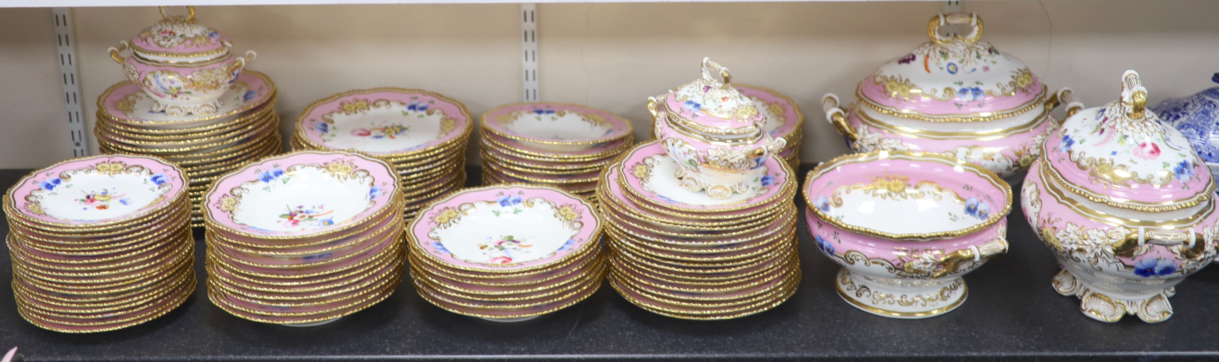 An extensive one hundred and thirteen piece English porcelain dinner and dessert service, c.1825-30,